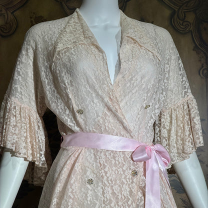 FLOBERT Vintage 1940s dressing gown robe, dusty pink sheer nylon lace wrap front full sweep housecoat hostess dress