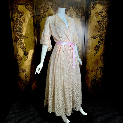 FLOBERT Vintage 1940s dressing gown robe, dusty pink sheer nylon lace wrap front full sweep housecoat hostess dress