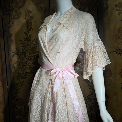 FLOBERT Vintage 1940s dressing gown robe, dusty pink sheer nylon lace wrap front full sweep housecoat hostess dress