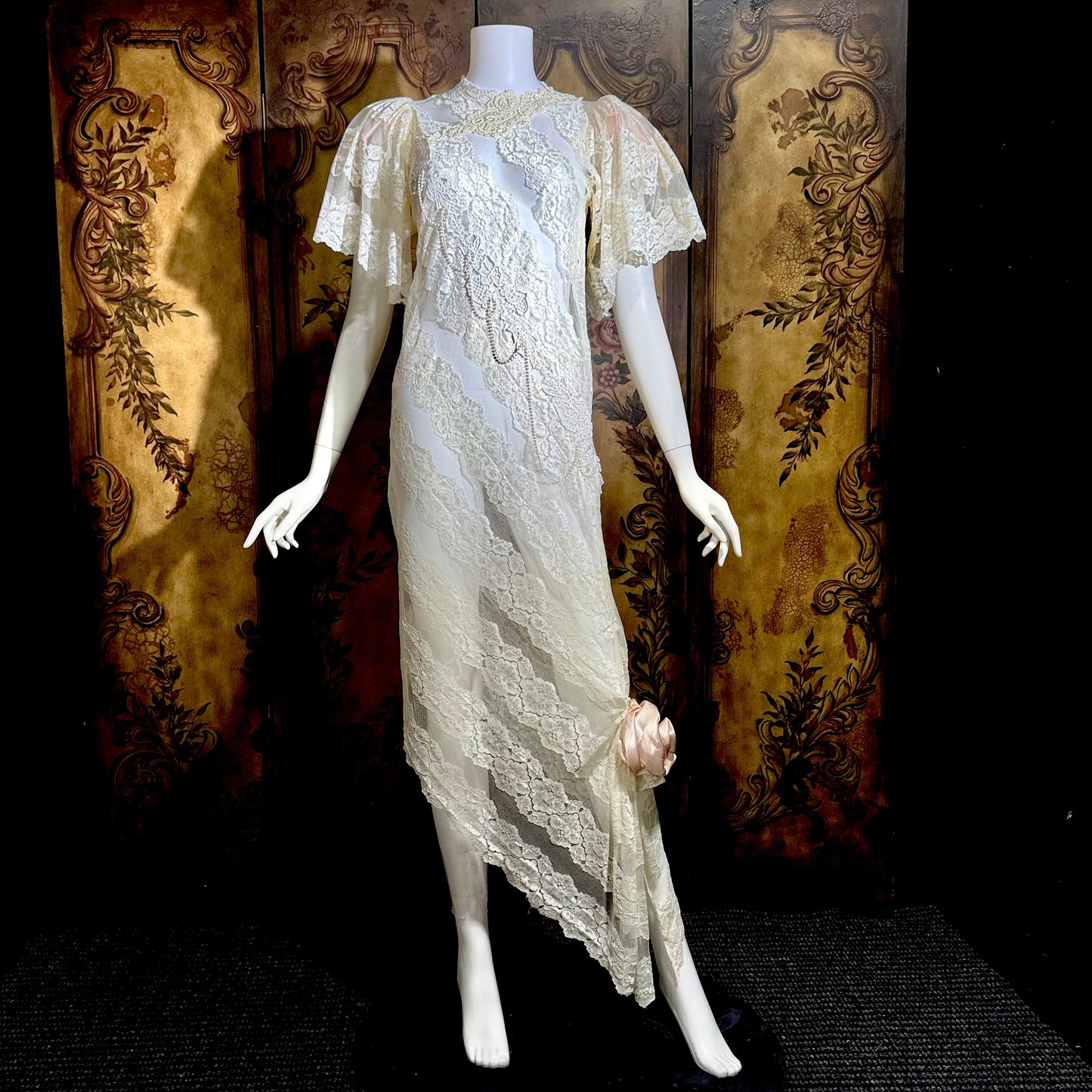 LORRIE KABALA Vintage 1980s wedding dress, white lace high neck sequins beads, removable sleeves & gloves
