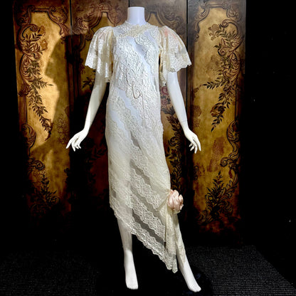 LORRIE KABALA Vintage 1980s wedding dress, white lace high neck sequins beads, removable sleeves & gloves