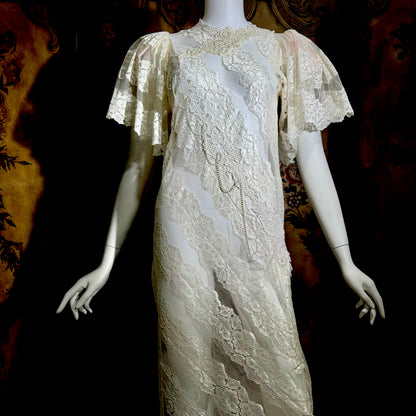 LORRIE KABALA Vintage 1980s wedding dress, white lace high neck sequins beads, removable sleeves & gloves