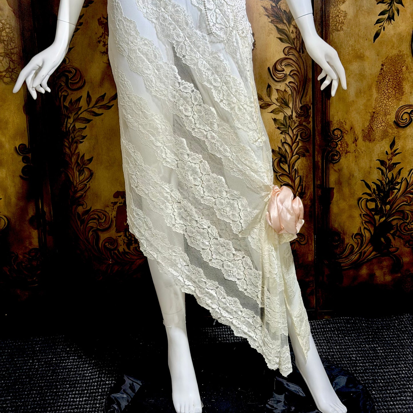 LORRIE KABALA Vintage 1980s wedding dress, white lace high neck sequins beads, removable sleeves & gloves