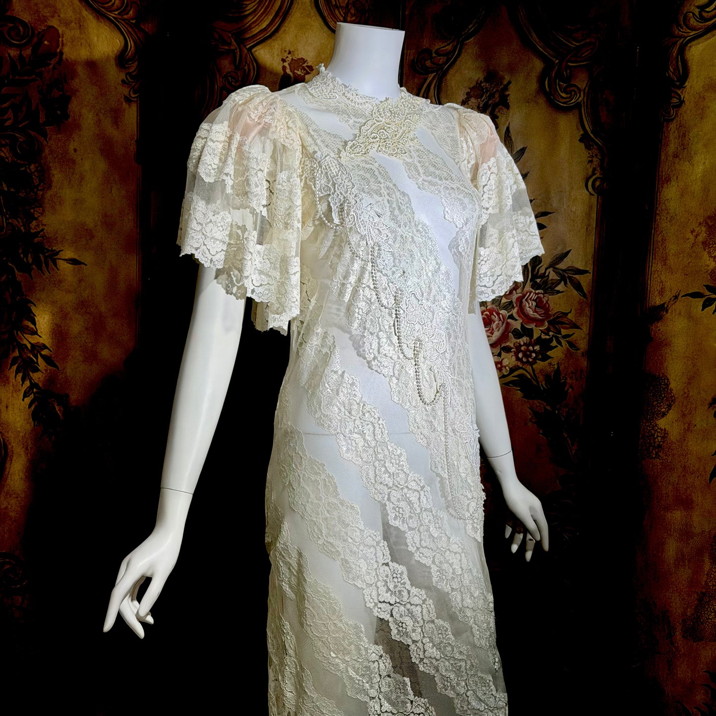 LORRIE KABALA Vintage 1980s wedding dress, white lace high neck sequins beads, removable sleeves & gloves
