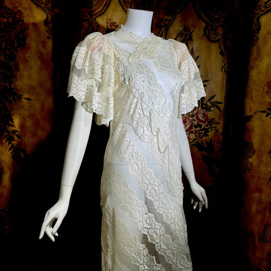 LORRIE KABALA Vintage 1980s wedding dress, white lace high neck sequins beads, removable sleeves & gloves