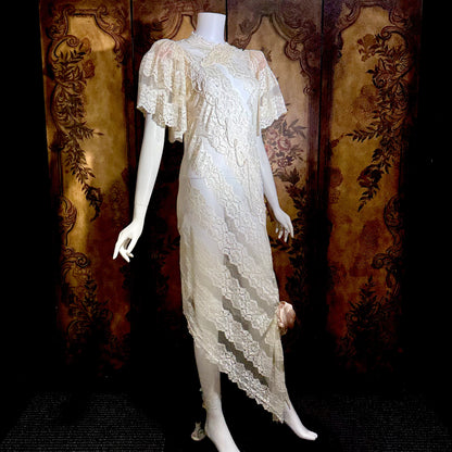 LORRIE KABALA Vintage 1980s wedding dress, white lace high neck sequins beads, removable sleeves & gloves
