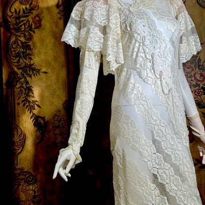 LORRIE KABALA Vintage 1980s wedding dress, white lace high neck sequins beads, removable sleeves & gloves
