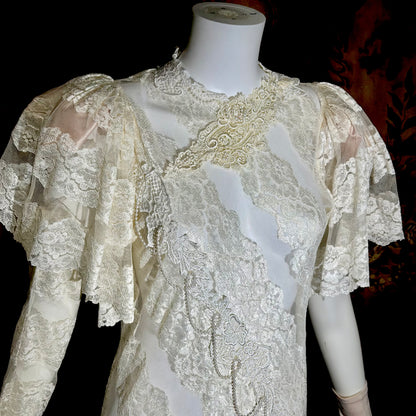 LORRIE KABALA Vintage 1980s wedding dress, white lace high neck sequins beads, removable sleeves & gloves