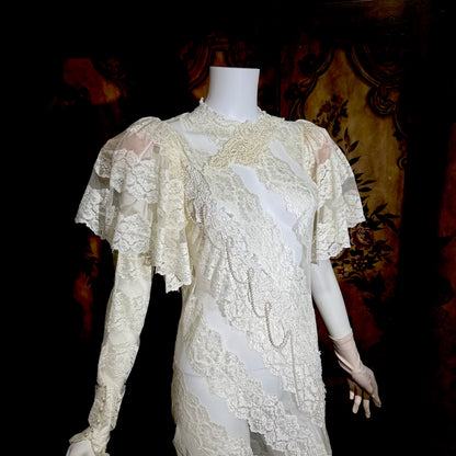 LORRIE KABALA Vintage 1980s wedding dress, white lace high neck sequins beads, removable sleeves & gloves
