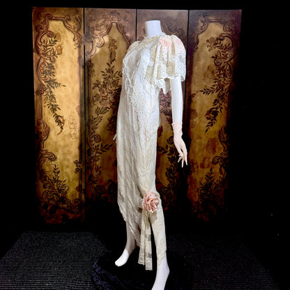 LORRIE KABALA Vintage 1980s wedding dress, white lace high neck sequins beads, removable sleeves & gloves