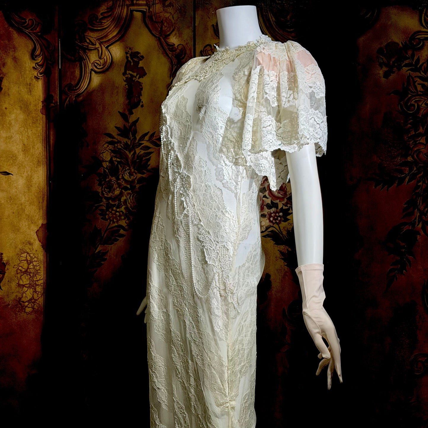 LORRIE KABALA Vintage 1980s wedding dress, white lace high neck sequins beads, removable sleeves & gloves