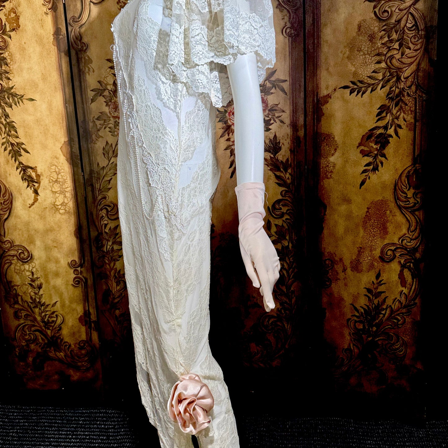 LORRIE KABALA Vintage 1980s wedding dress, white lace high neck sequins beads, removable sleeves & gloves
