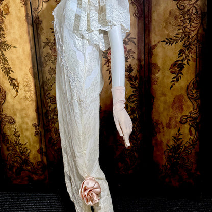 LORRIE KABALA Vintage 1980s wedding dress, white lace high neck sequins beads, removable sleeves & gloves