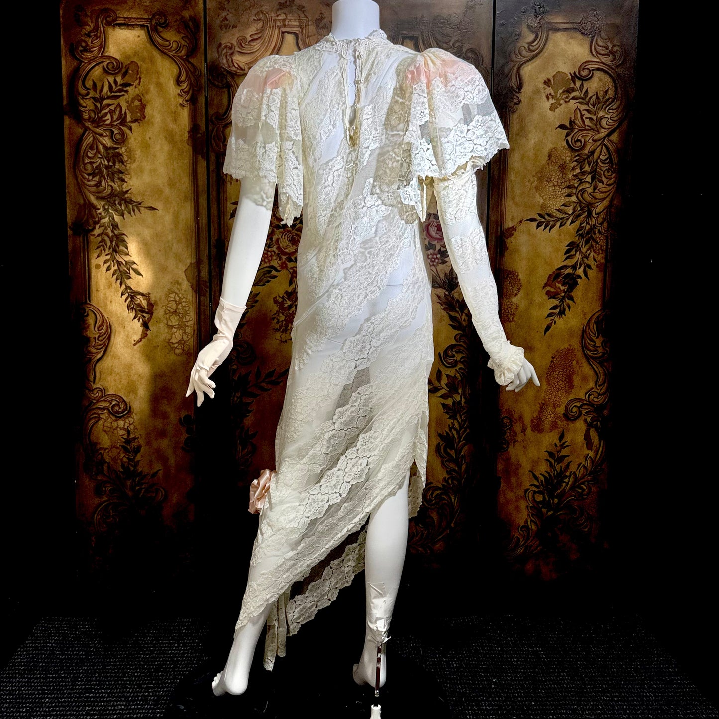 LORRIE KABALA Vintage 1980s wedding dress, white lace high neck sequins beads, removable sleeves & gloves