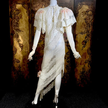 LORRIE KABALA Vintage 1980s wedding dress, white lace high neck sequins beads, removable sleeves & gloves