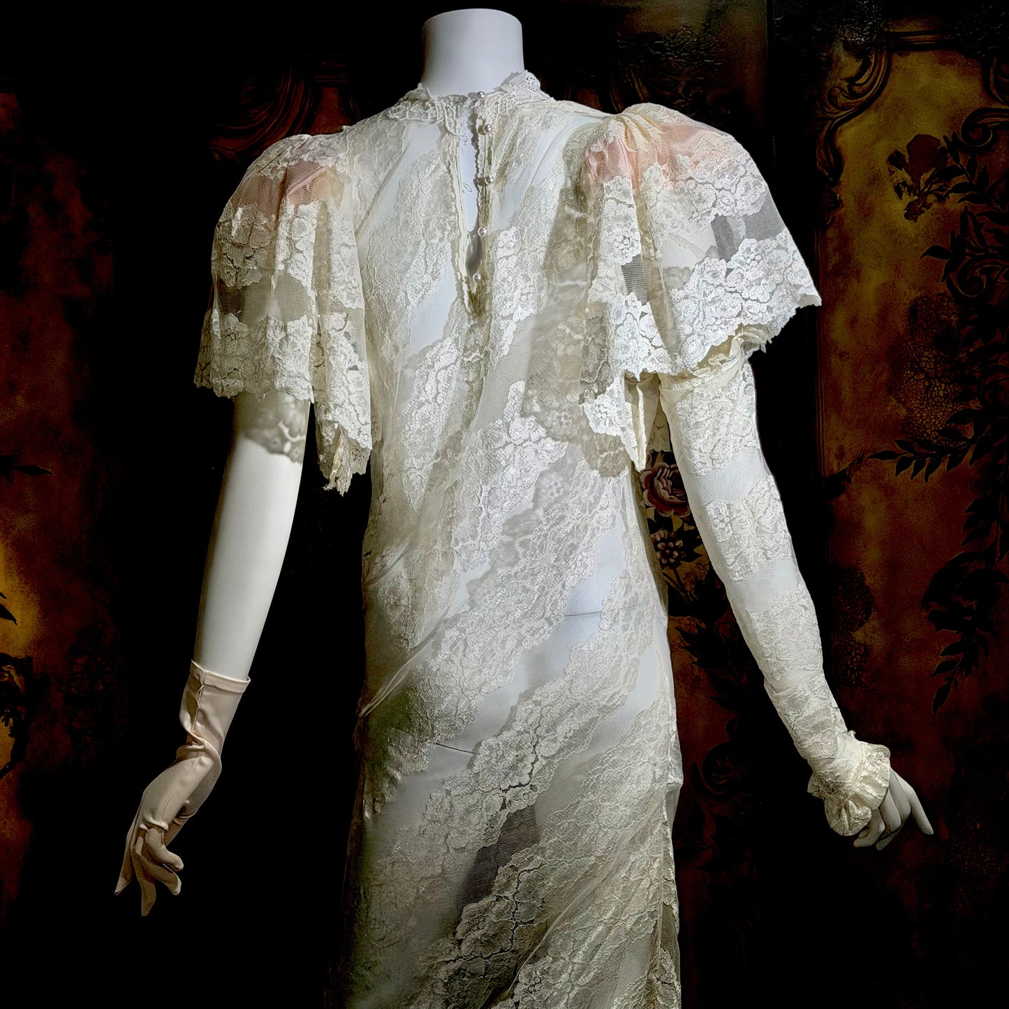 LORRIE KABALA Vintage 1980s wedding dress, white lace high neck sequins beads, removable sleeves & gloves