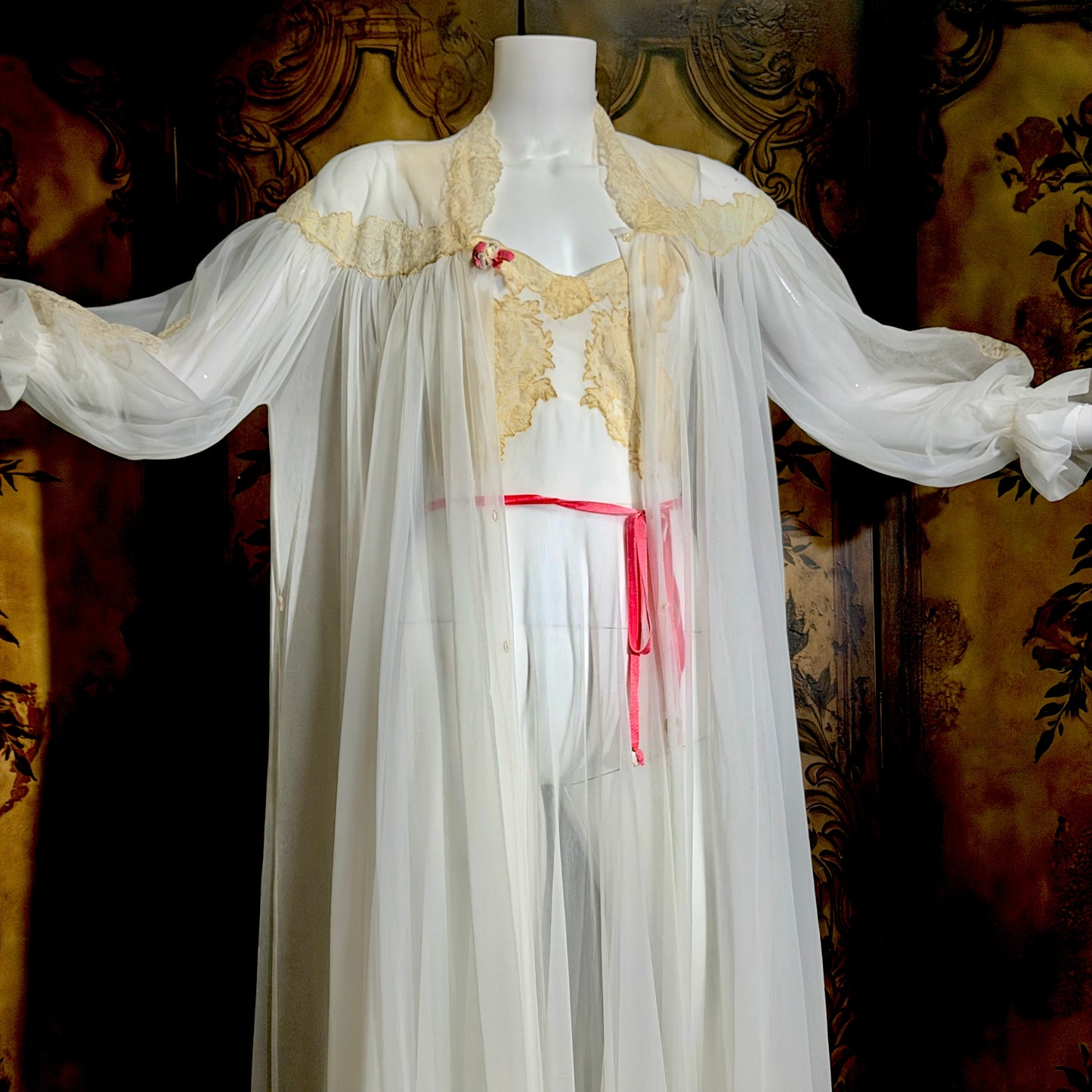 YOLANDE vintage 1940s Peignoir set, White bridal nightgown slip dress and robe