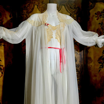 YOLANDE vintage 1940s Peignoir set, White bridal nightgown slip dress and robe