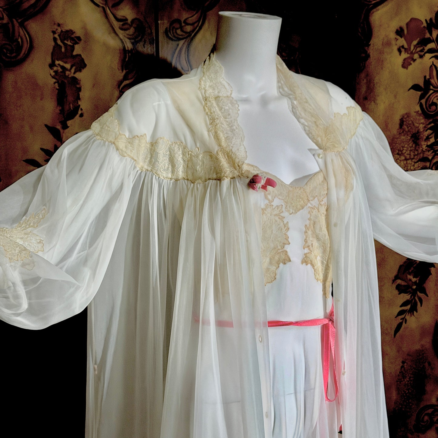 YOLANDE vintage 1940s Peignoir set, White bridal nightgown slip dress and robe