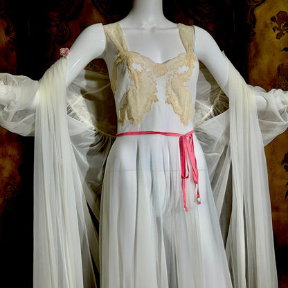 YOLANDE vintage 1940s Peignoir set, White bridal nightgown slip dress and robe