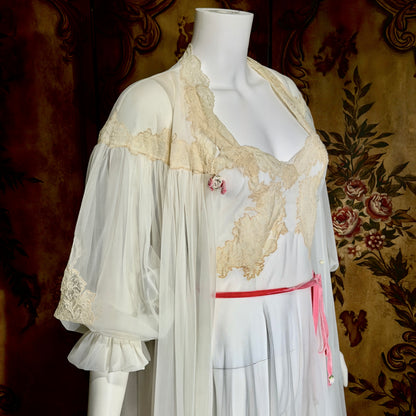YOLANDE vintage 1940s Peignoir set, White bridal nightgown slip dress and robe
