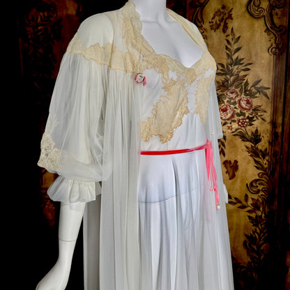 YOLANDE vintage 1940s Peignoir set, White bridal nightgown slip dress and robe