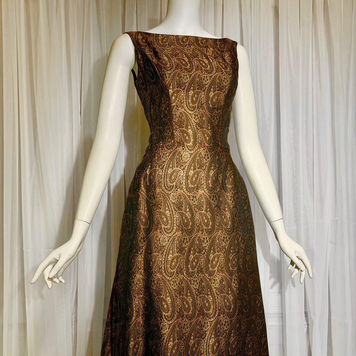 ESTEVEZ GRENELLE vintage evening cocktail party dress, 1950s brown paisley damask high low dress