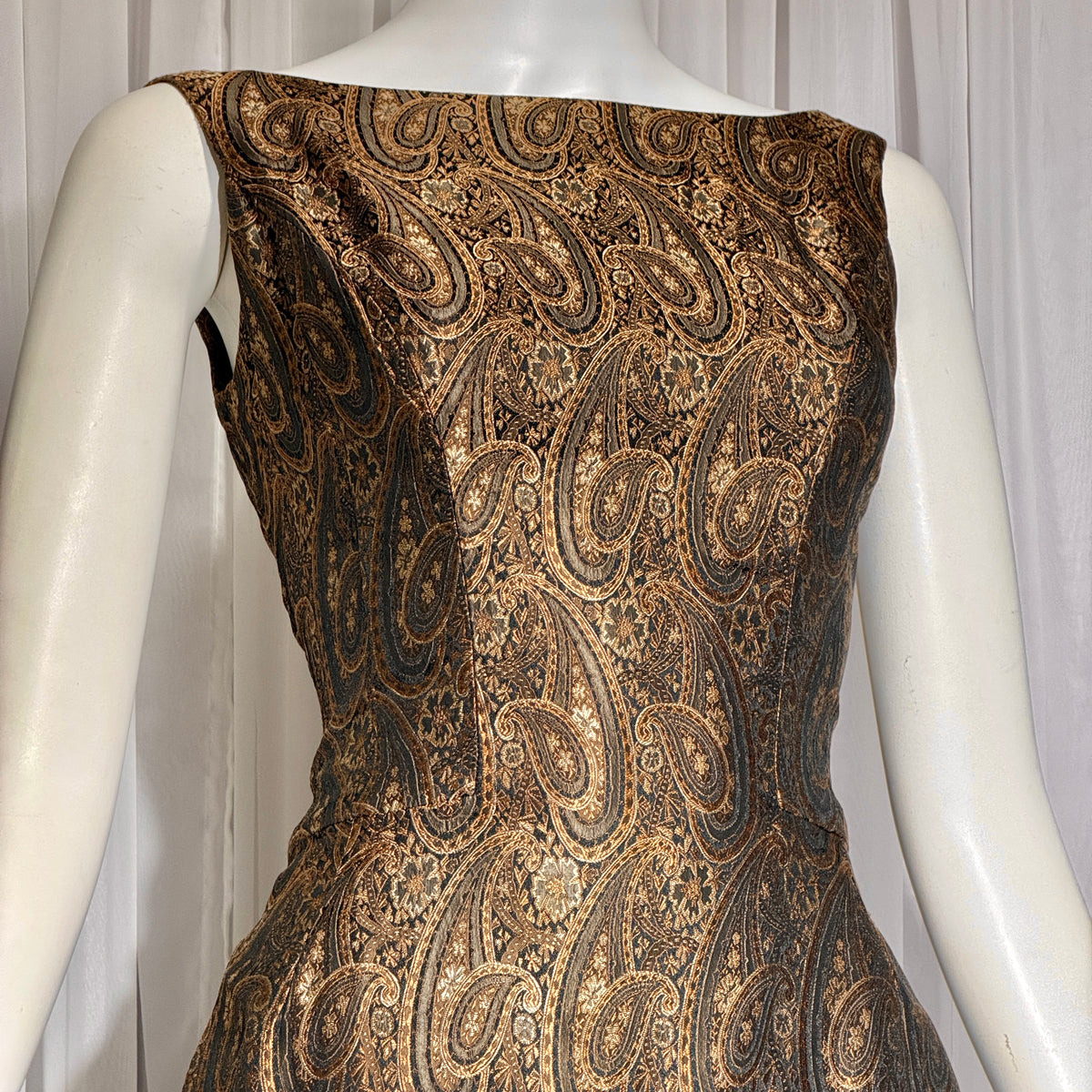 ESTEVEZ GRENELLE vintage evening cocktail party dress, 1950s brown paisley damask high low dress