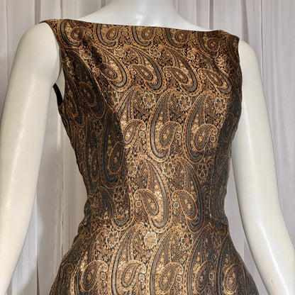 ESTEVEZ GRENELLE vintage evening cocktail party dress, 1950s brown paisley damask high low dress