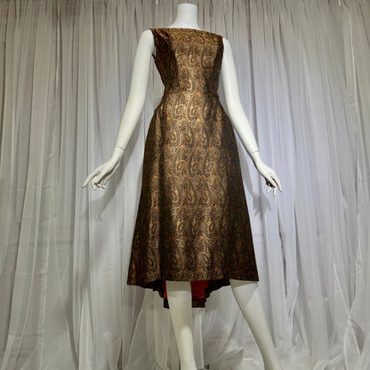 ESTEVEZ GRENELLE vintage evening cocktail party dress, 1950s brown paisley damask high low dress