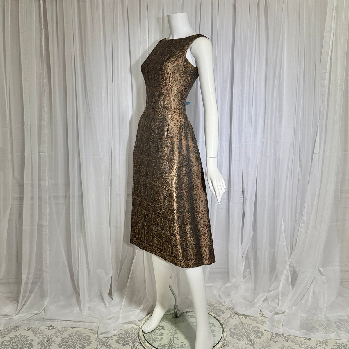 ESTEVEZ GRENELLE vintage evening cocktail party dress, 1950s brown paisley damask high low dress