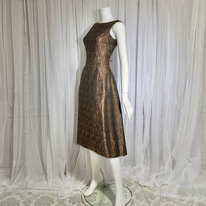 ESTEVEZ GRENELLE vintage evening cocktail party dress, 1950s brown paisley damask high low dress