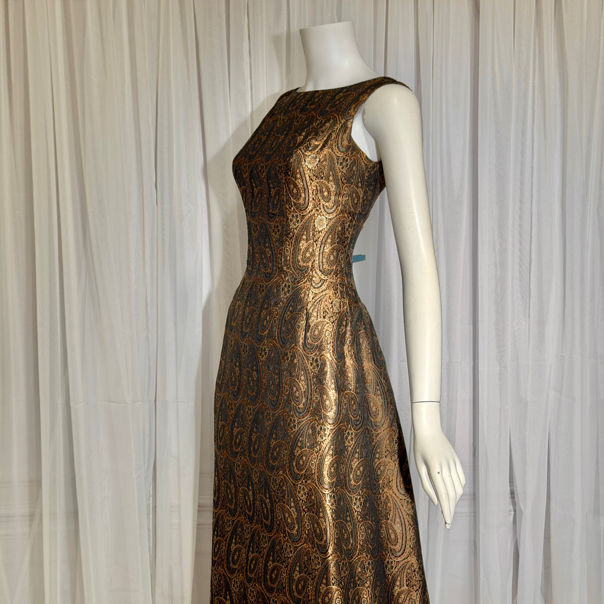 ESTEVEZ GRENELLE vintage evening cocktail party dress, 1950s brown paisley damask high low dress