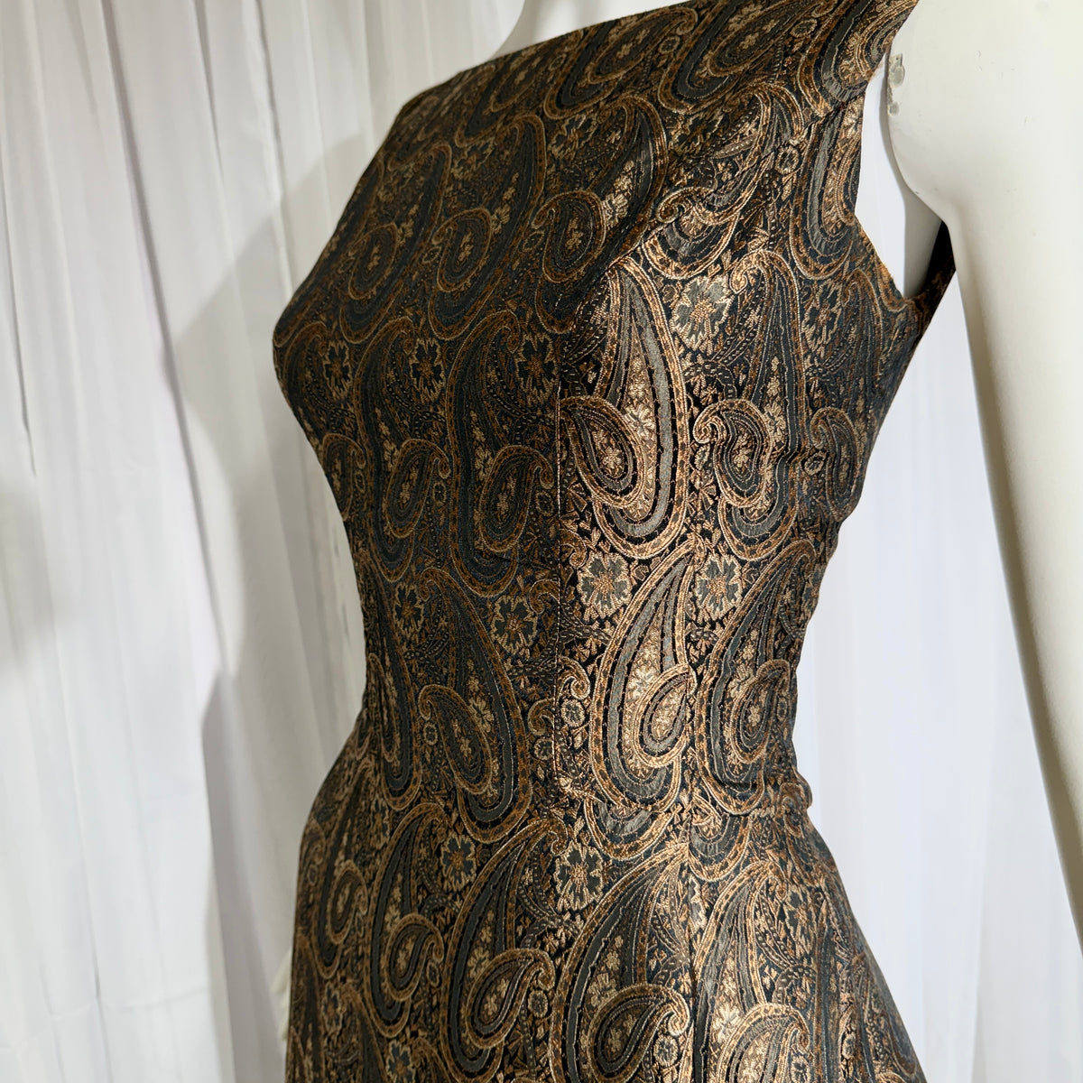 ESTEVEZ GRENELLE vintage evening cocktail party dress, 1950s brown paisley damask high low dress