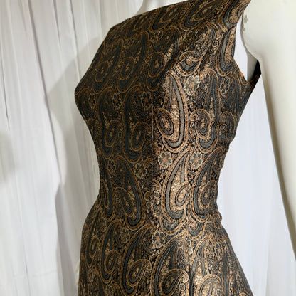 ESTEVEZ GRENELLE vintage evening cocktail party dress, 1950s brown paisley damask high low dress