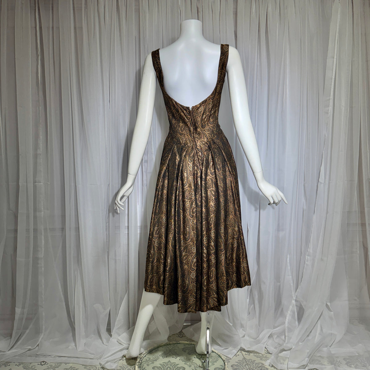 ESTEVEZ GRENELLE vintage evening cocktail party dress, 1950s brown paisley damask high low dress