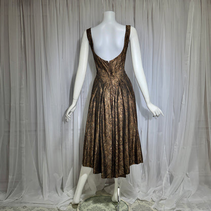 ESTEVEZ GRENELLE vintage evening cocktail party dress, 1950s brown paisley damask high low dress