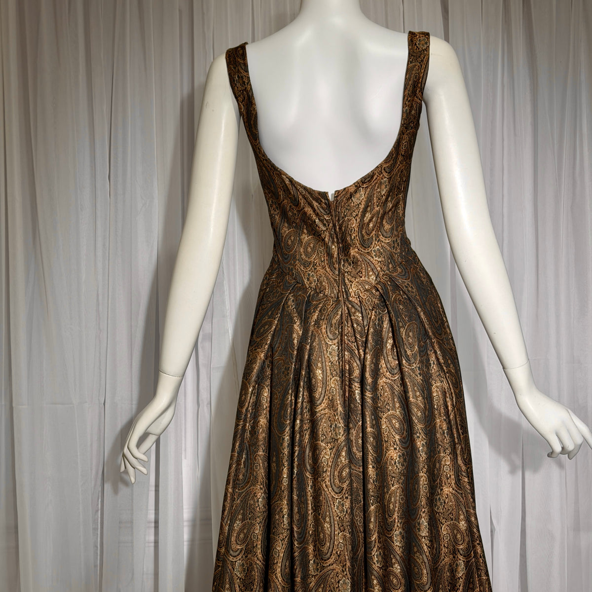 ESTEVEZ GRENELLE vintage evening cocktail party dress, 1950s brown paisley damask high low dress