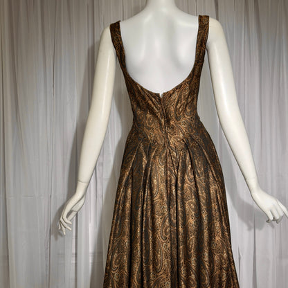 ESTEVEZ GRENELLE vintage evening cocktail party dress, 1950s brown paisley damask high low dress
