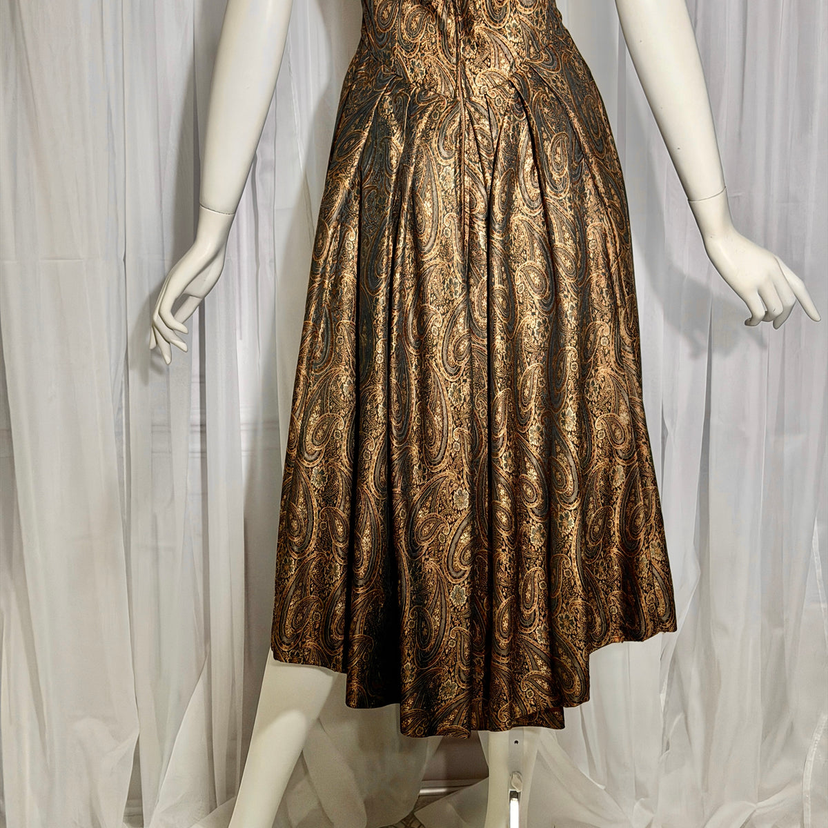 ESTEVEZ GRENELLE vintage evening cocktail party dress, 1950s brown paisley damask high low dress