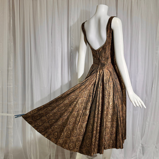 ESTEVEZ GRENELLE vintage evening cocktail party dress, 1950s brown paisley damask high low dress