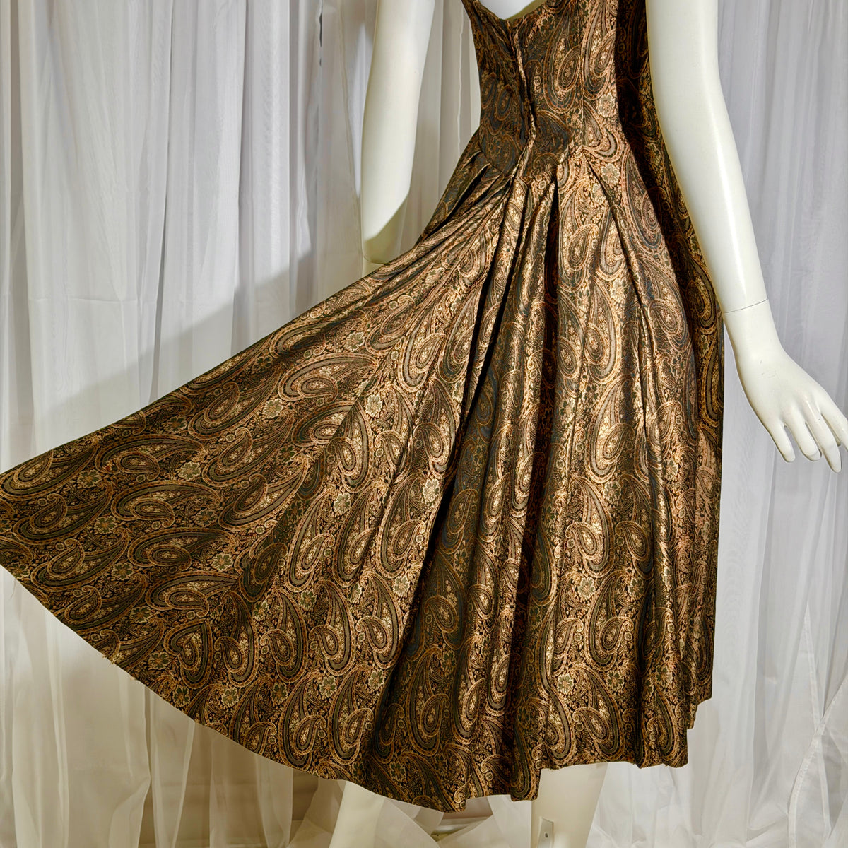 ESTEVEZ GRENELLE vintage evening cocktail party dress, 1950s brown paisley damask high low dress