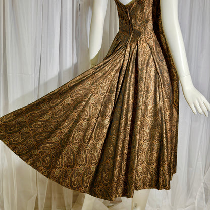 ESTEVEZ GRENELLE vintage evening cocktail party dress, 1950s brown paisley damask high low dress