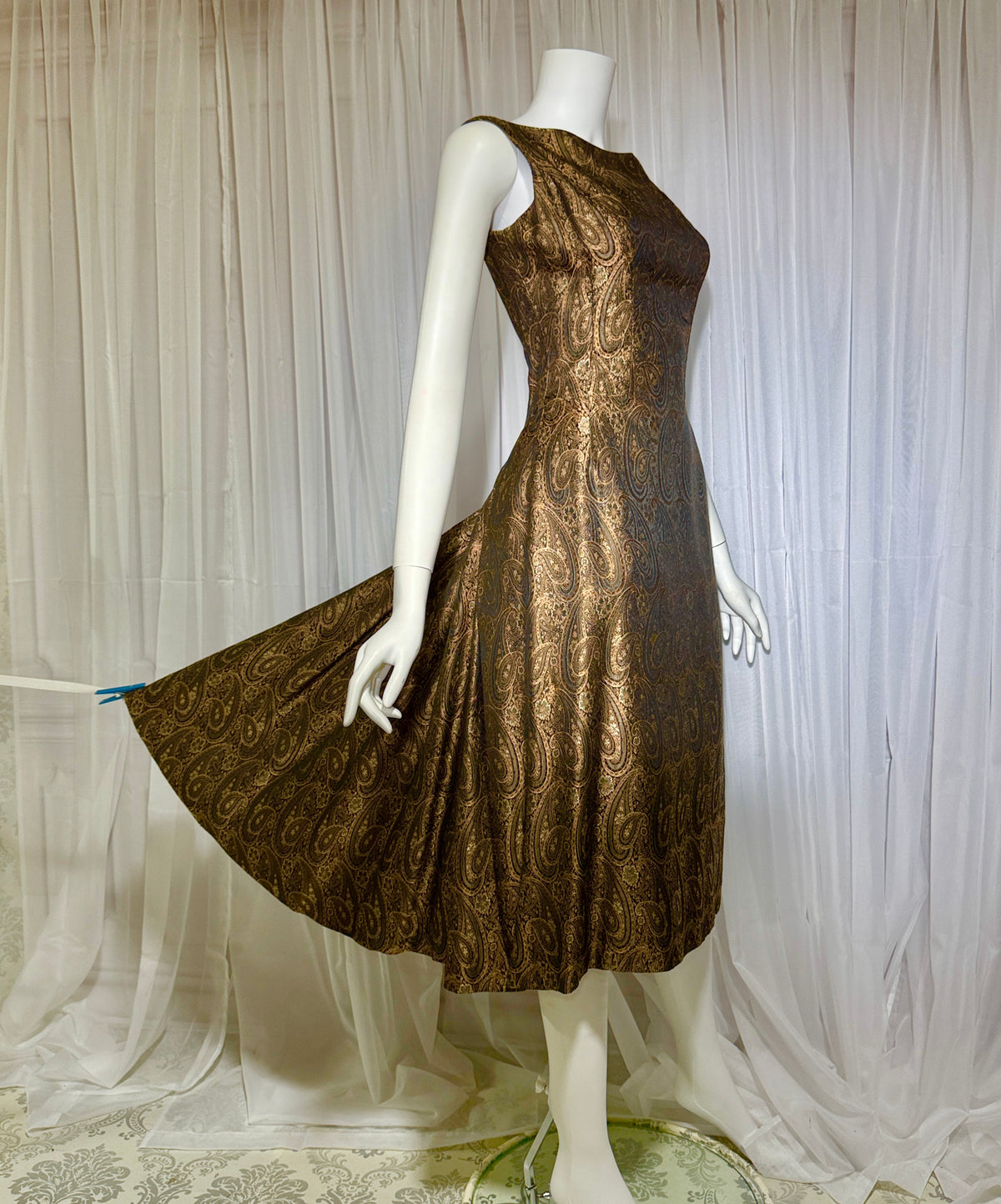ESTEVEZ GRENELLE vintage evening cocktail party dress, 1950s brown paisley damask high low dress