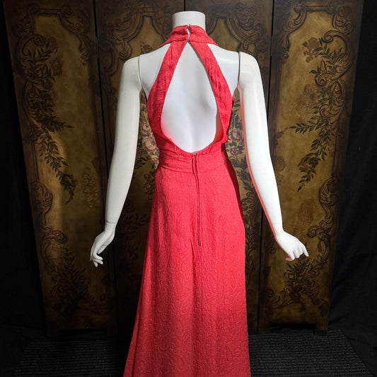 ESTEVEZ Vintage evening dress, 1970s Salmon Coral embossed paisley full length halter gown
