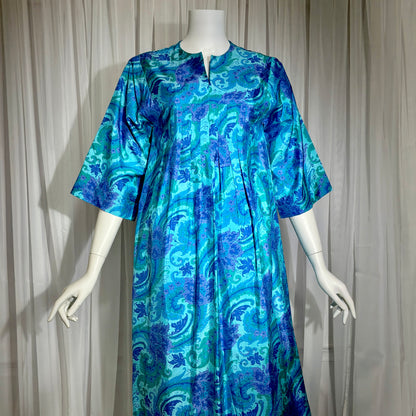 1960s vintage Thai Silk Caftan dress, JIM THOMPSON? blue and purple silk paisley Hippie Boho Dress
