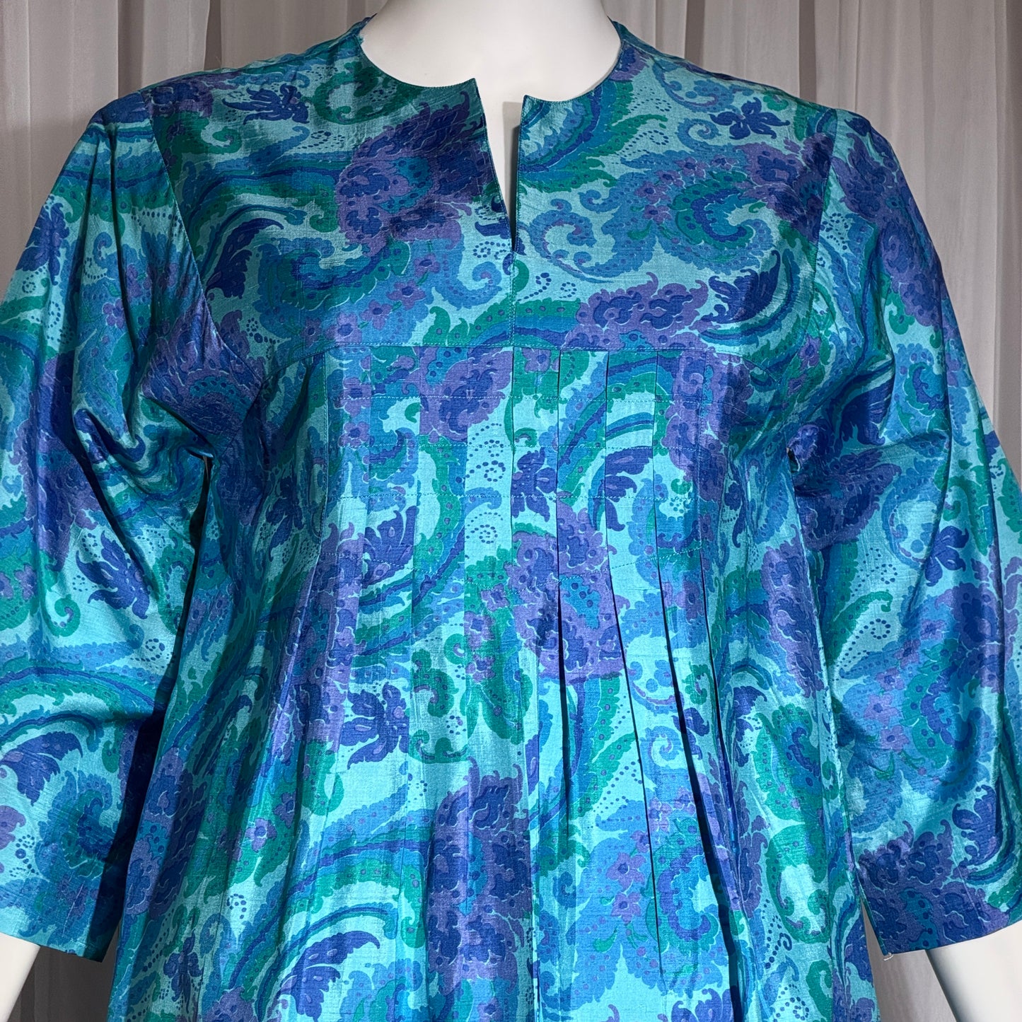 1960s vintage Thai Silk Caftan dress, JIM THOMPSON? blue and purple silk paisley Hippie Boho Dress