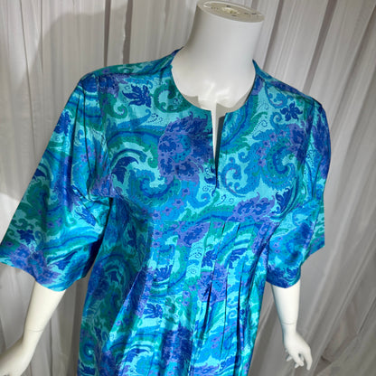 1960s vintage Thai Silk Caftan dress, JIM THOMPSON? blue and purple silk paisley Hippie Boho Dress