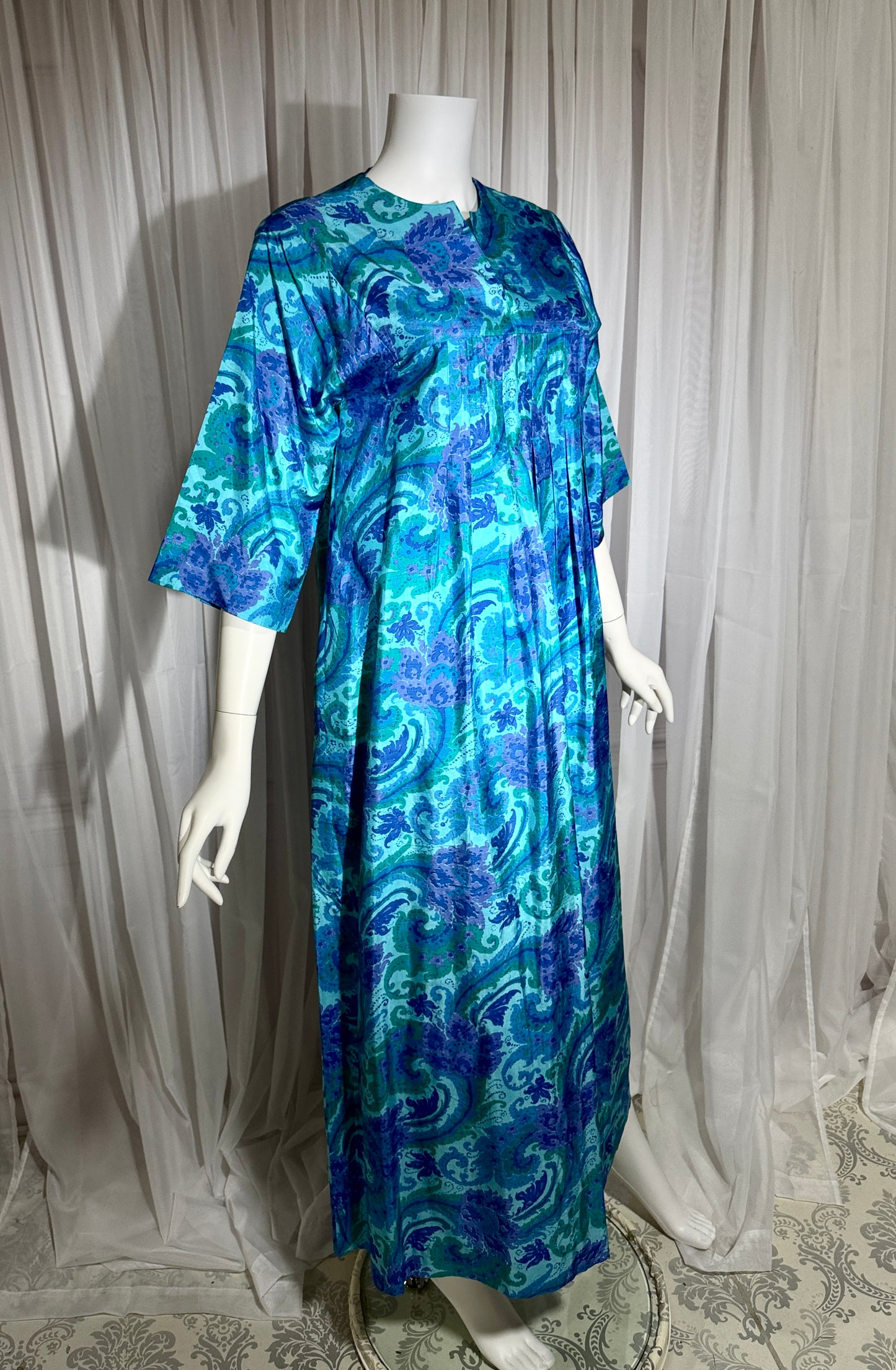 1960s vintage Thai Silk Caftan dress, JIM THOMPSON? blue and purple silk paisley Hippie Boho Dress
