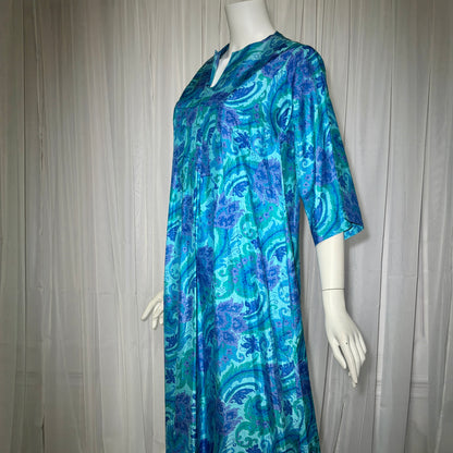 1960s vintage Thai Silk Caftan dress, JIM THOMPSON? blue and purple silk paisley Hippie Boho Dress
